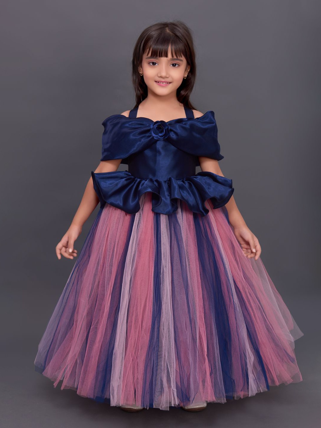 Pink Chick Navy Blue Off-Shoulder Satin Dress