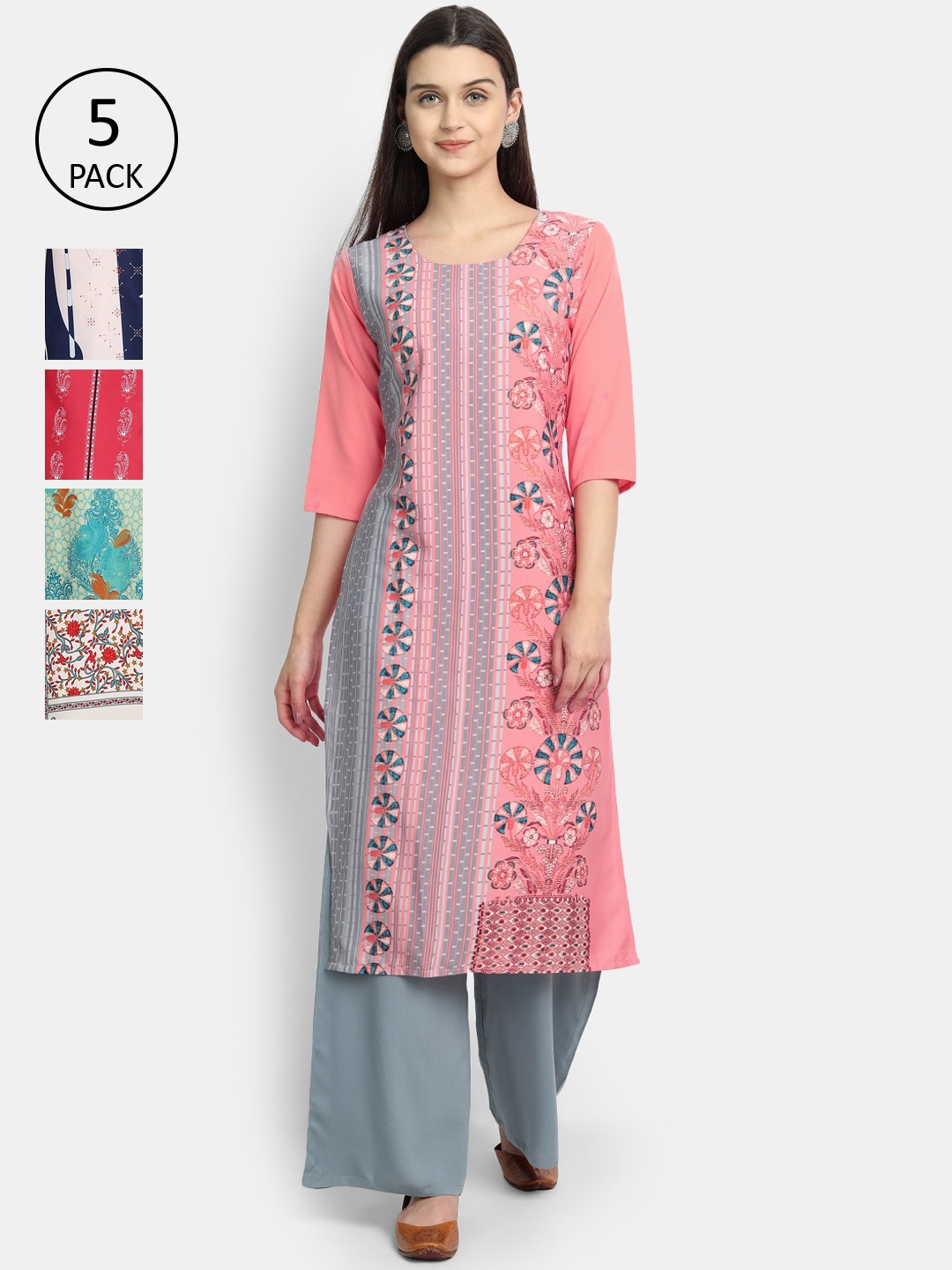 7Threads Women Pack Of 5 Printed Crepe Kurtas, Pink