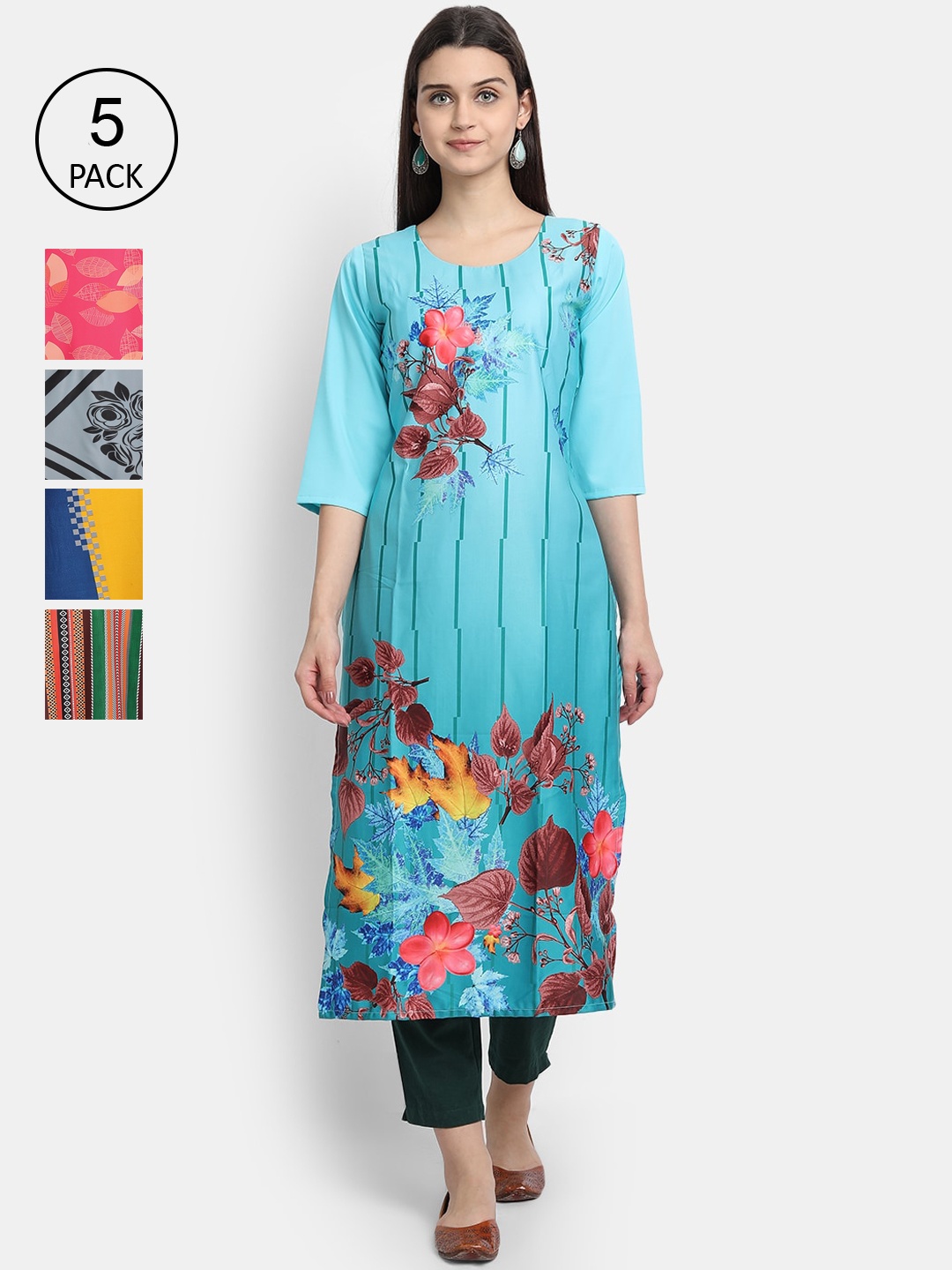 7Threads Women Pack Of 5 Printed Crepe Kurtas, Blue