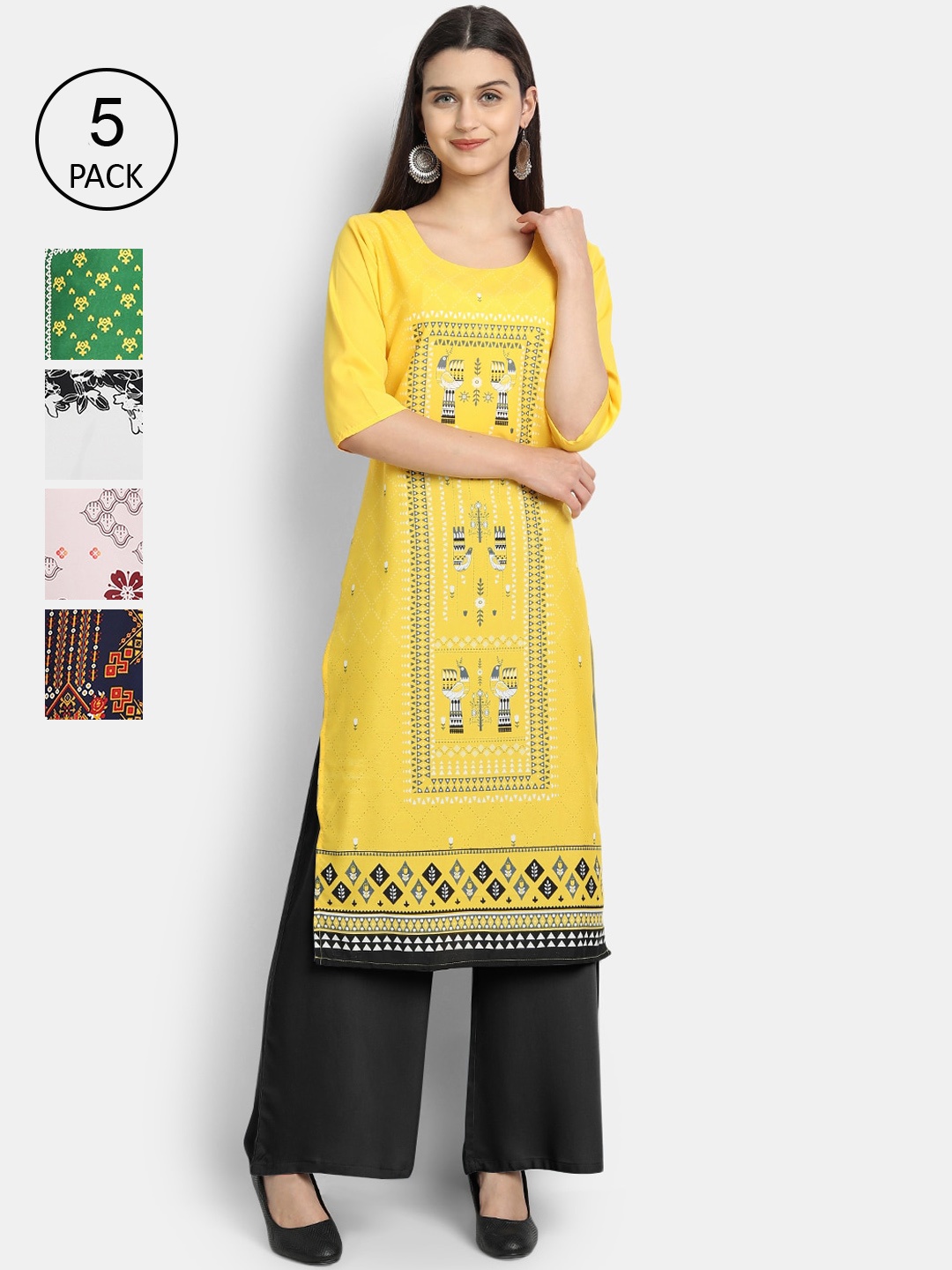 7Threads Women Pack Of 5 Printed Crepe Kurtas, Yellow