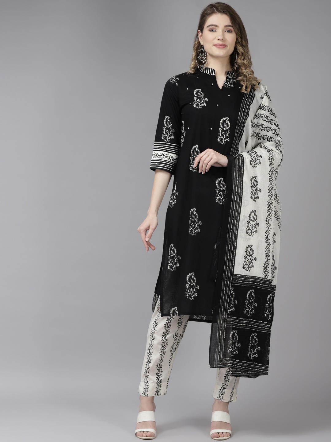 ANAISA Women Black & White Cotton Floral Print Mirror Work Kurta with Trousers & Dupatta