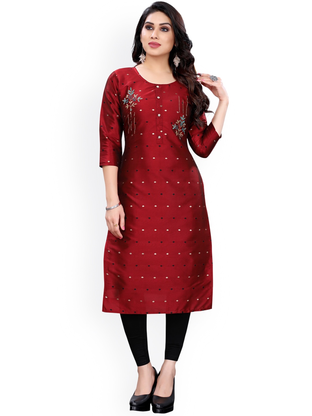 KALINI Women Maroon & Gold-Toned Geometric Embroidered Kurta