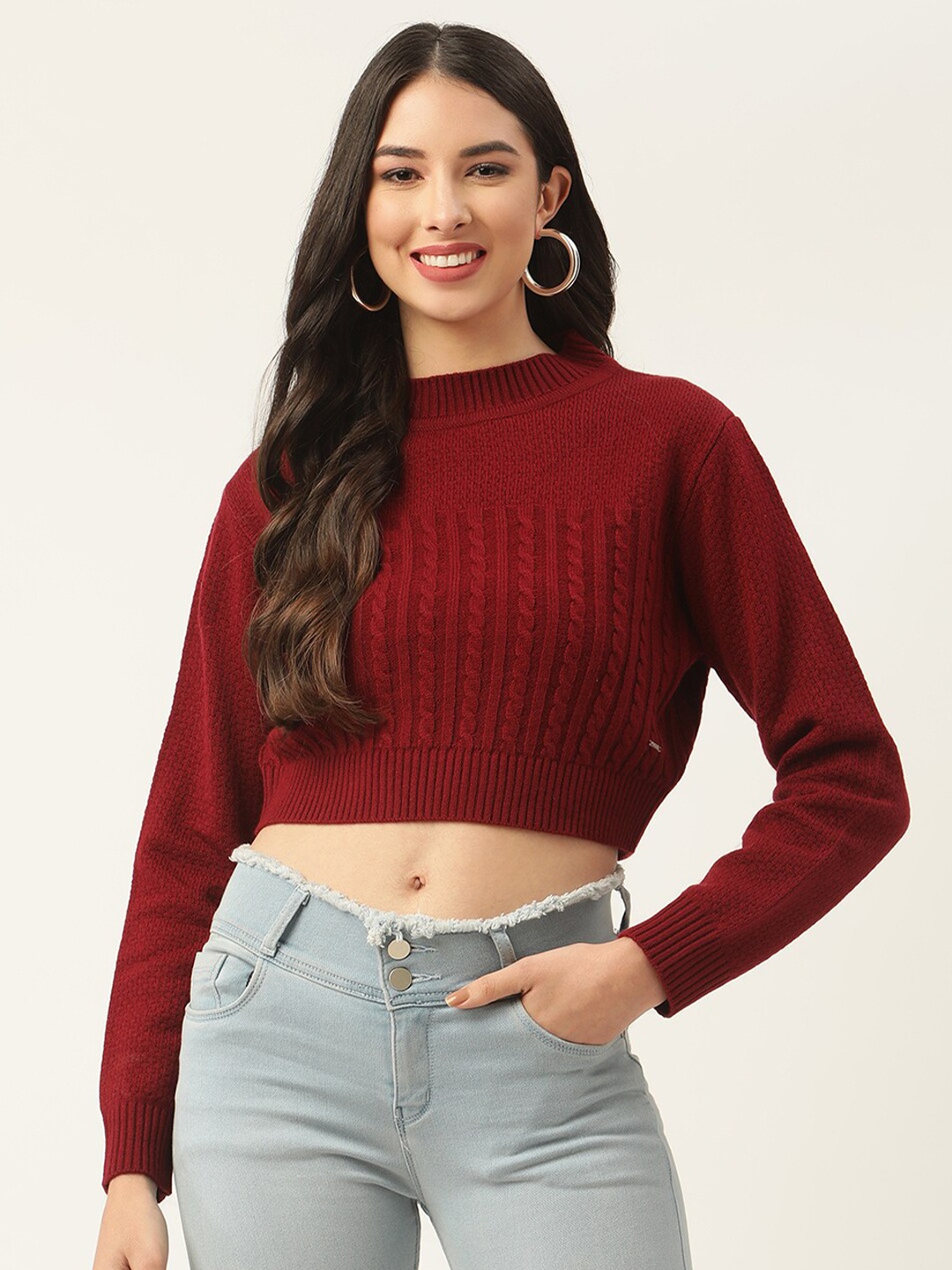 ELLE Women Maroon Cable Knit Pure Cotton Crop Pullover