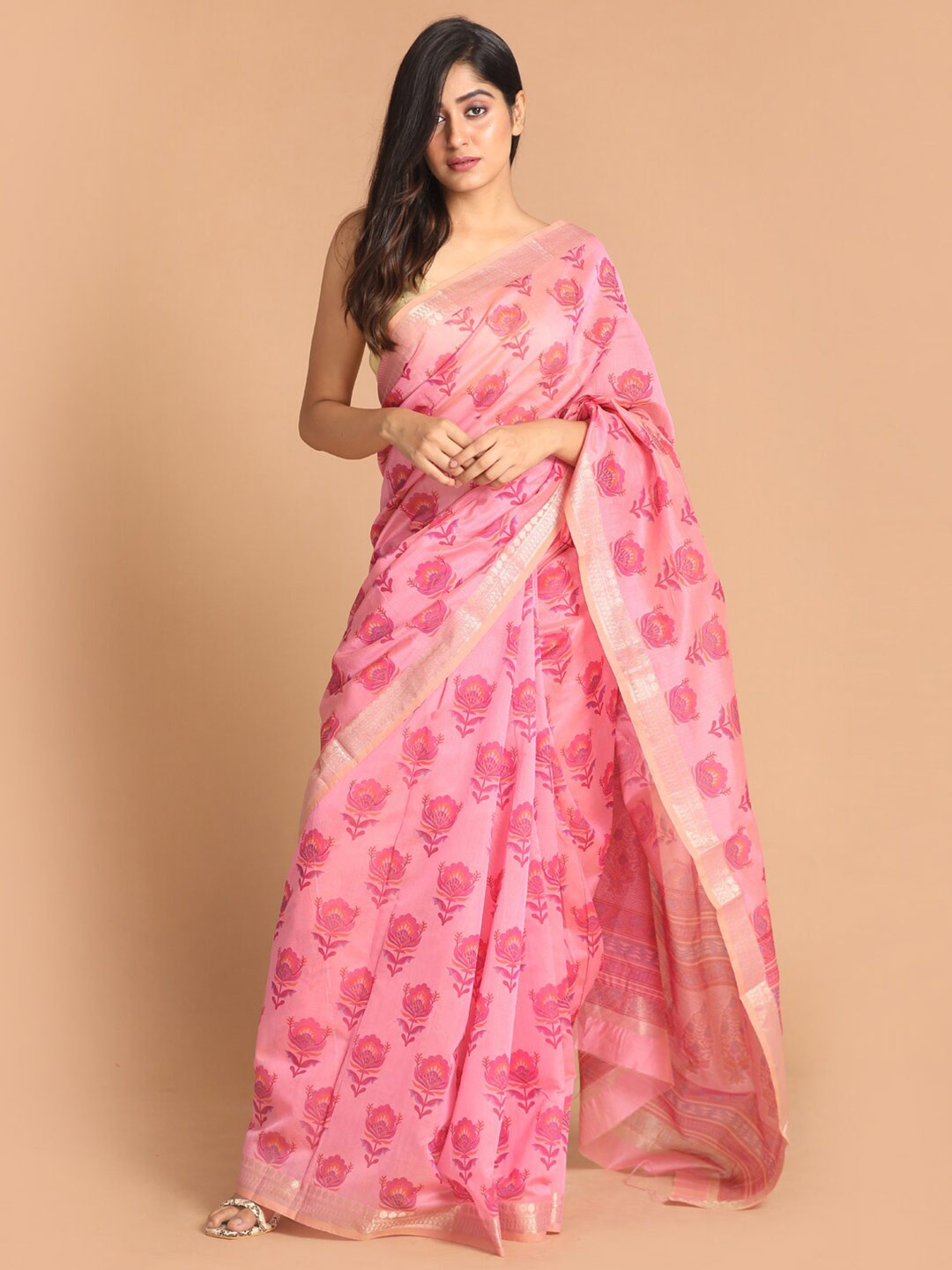 Indethnic Women Magenta Printed Cotton Blend Saree
