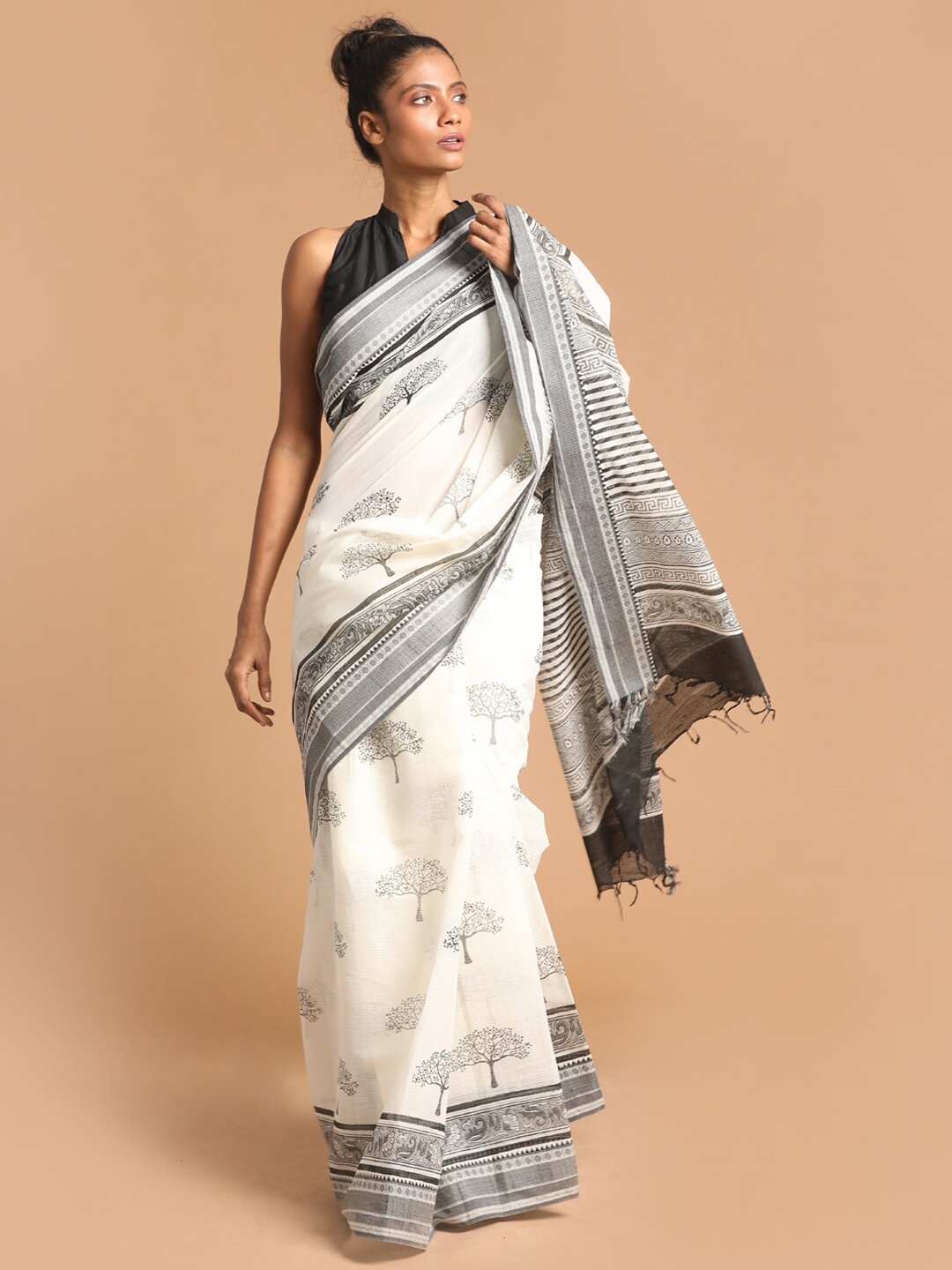 Indethnic Black & White Ethnic Motifs Pure Cotton Block Print Saree