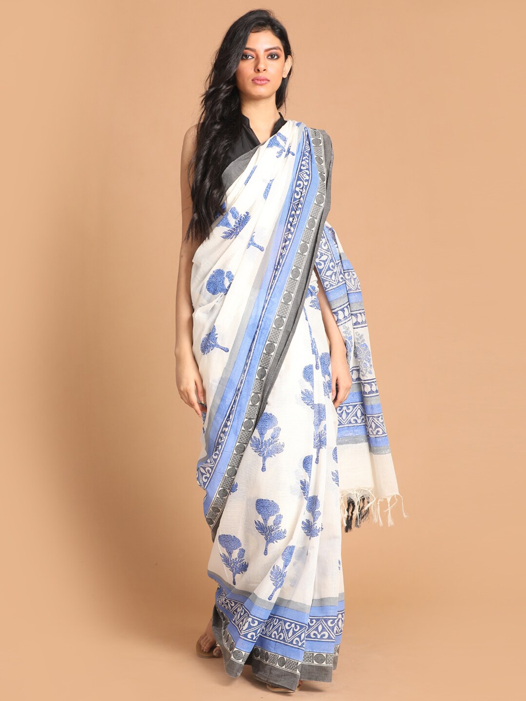 Indethnic Blue & White Ethnic Motifs Pure Cotton Block Print Saree