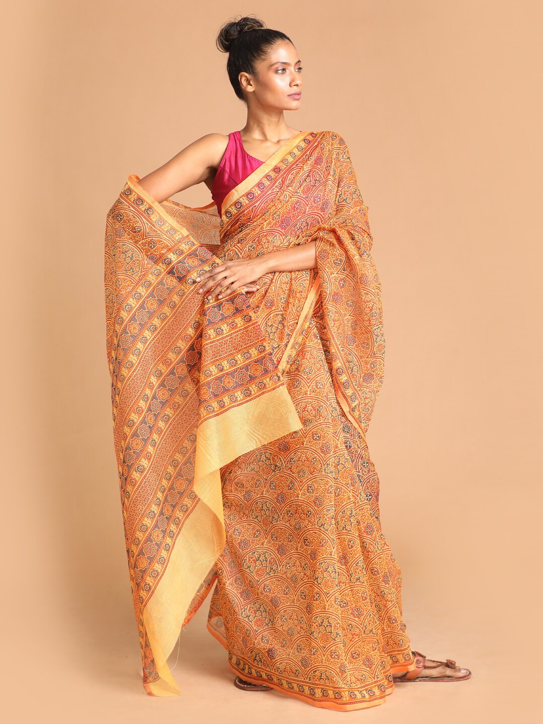 Indethnic Coral & Blue Ethnic Motifs Saree