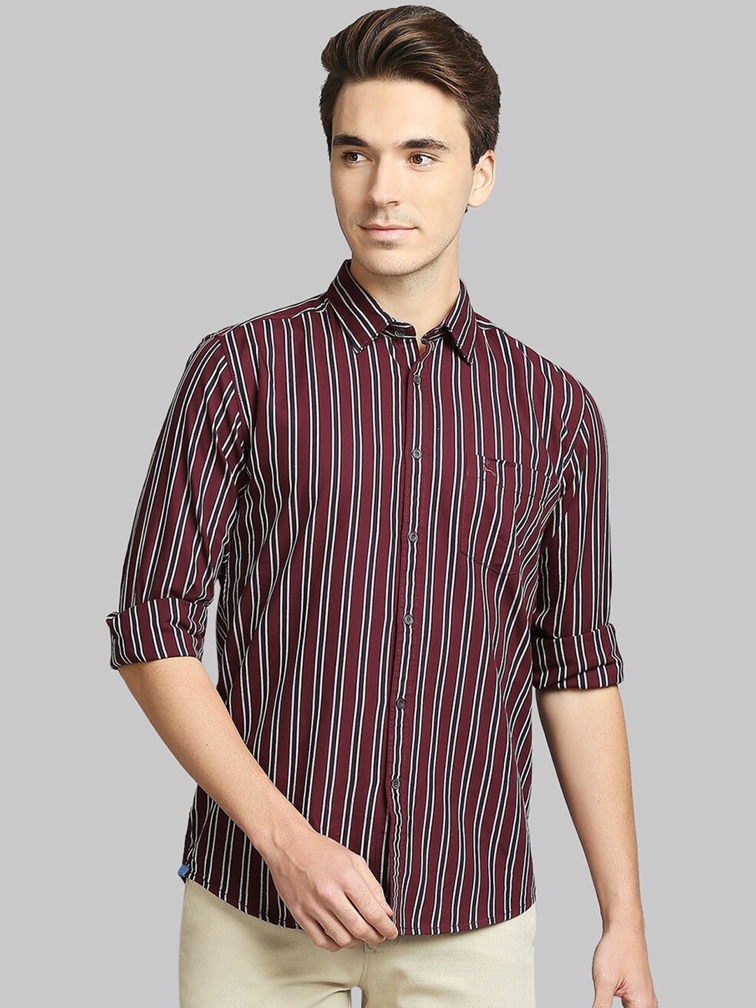 Parx Men Red Slim Fit Striped Casual Shirt