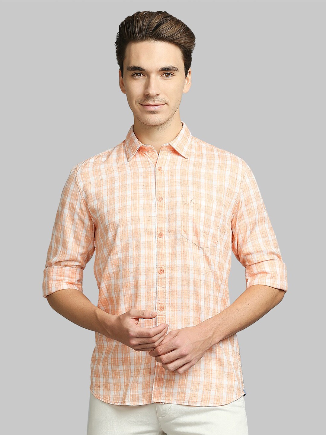 Parx Men Orange Slim Fit Checked Casual Shirt