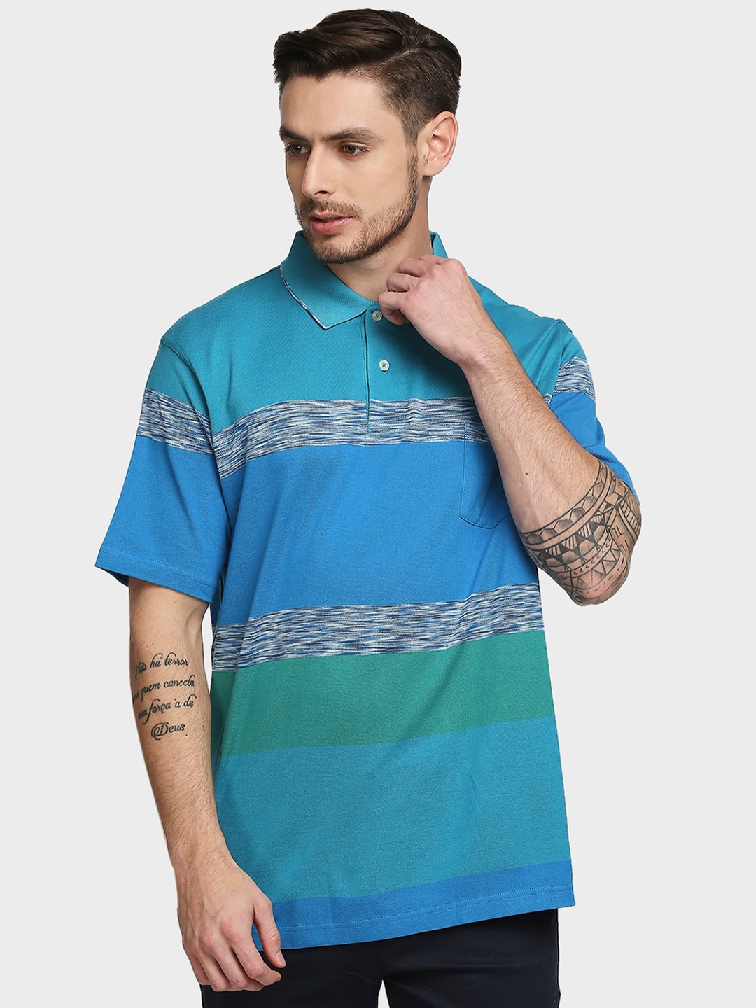 ColorPlus Men Blue Striped Polo Collar T-shirt