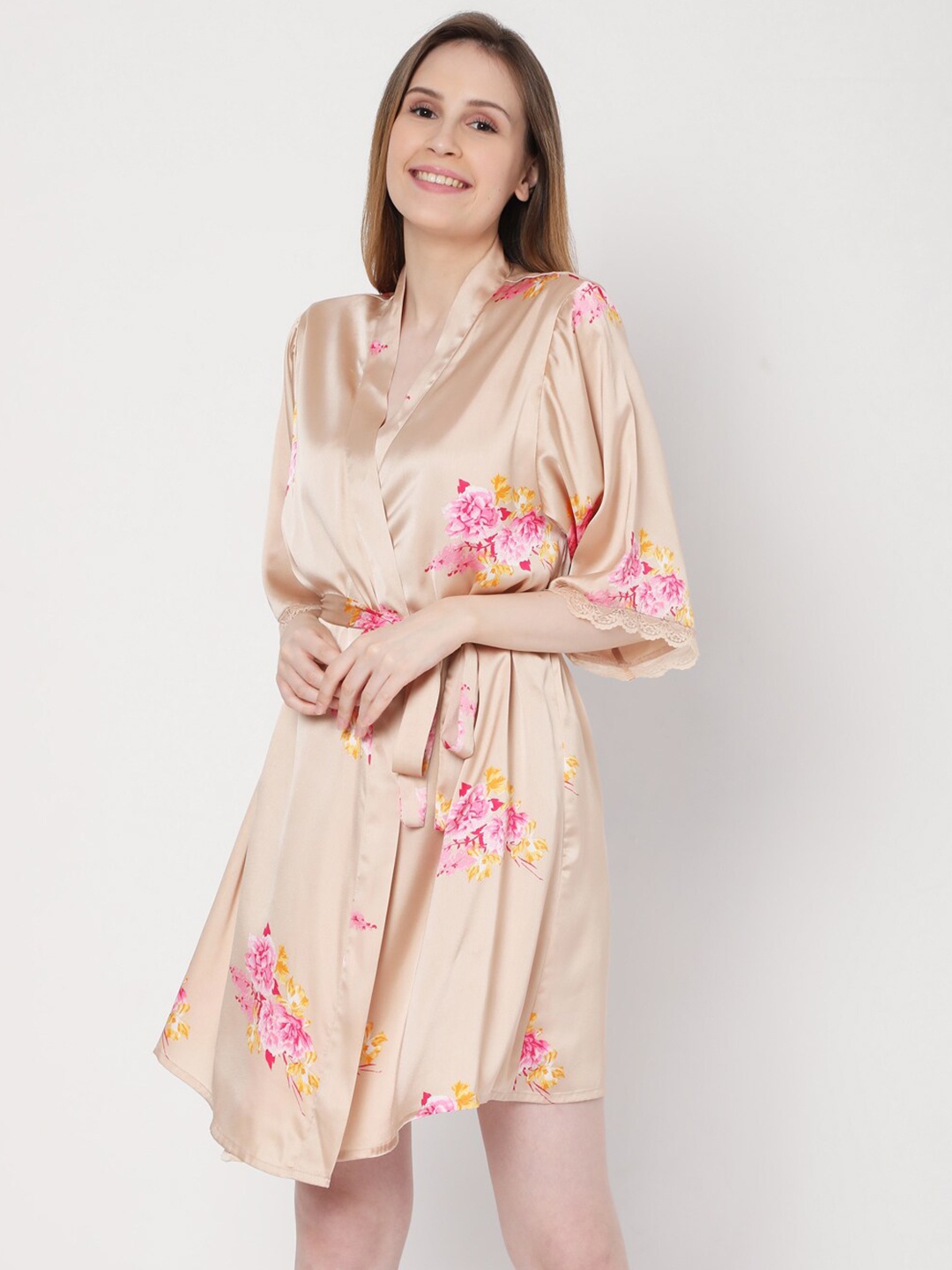 Vero Moda Beige & Magenta Printed Wrap Nightdress