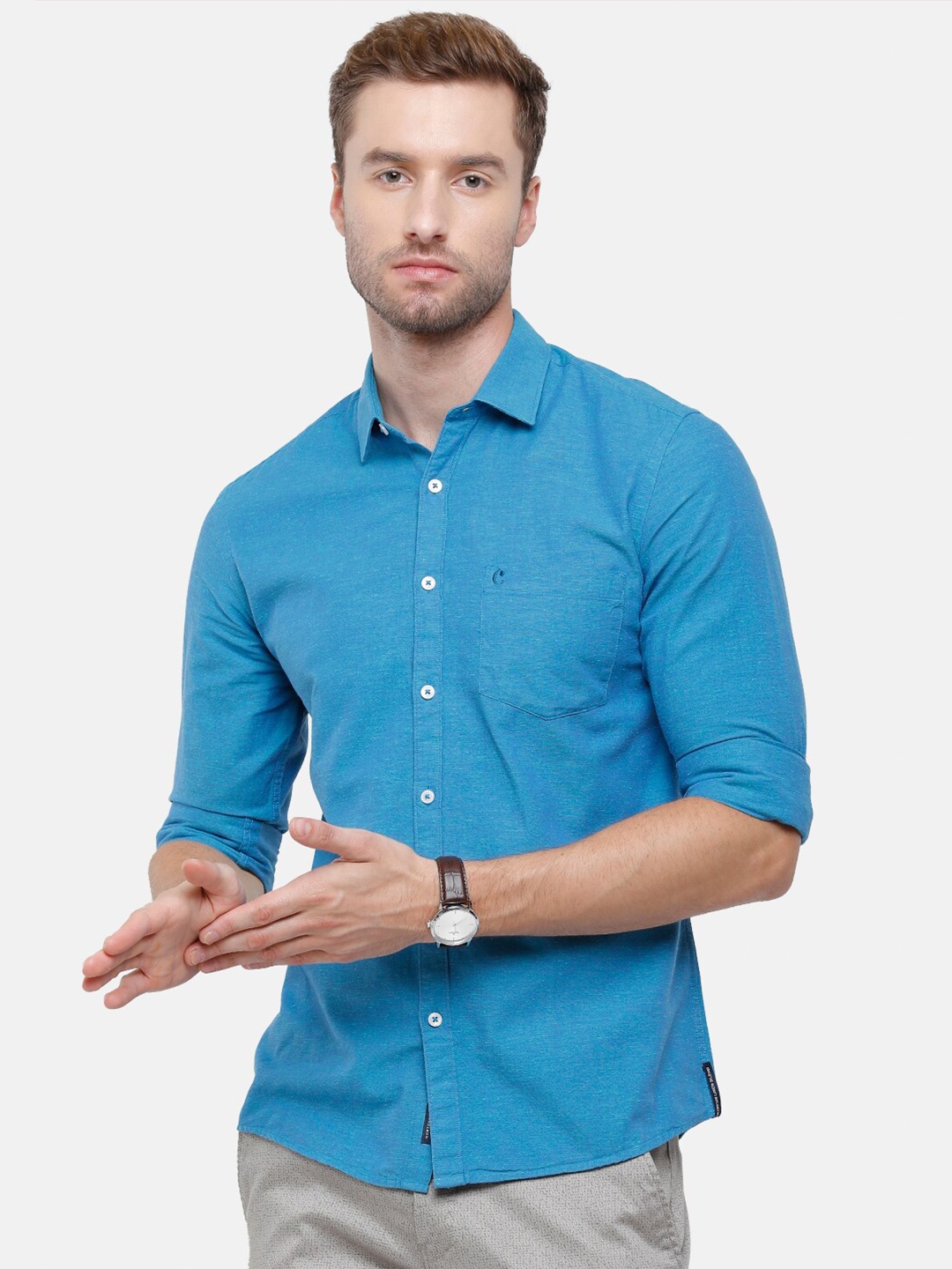CAVALLO by Linen Club Men Blue Cotton-Linen Casual Shirt