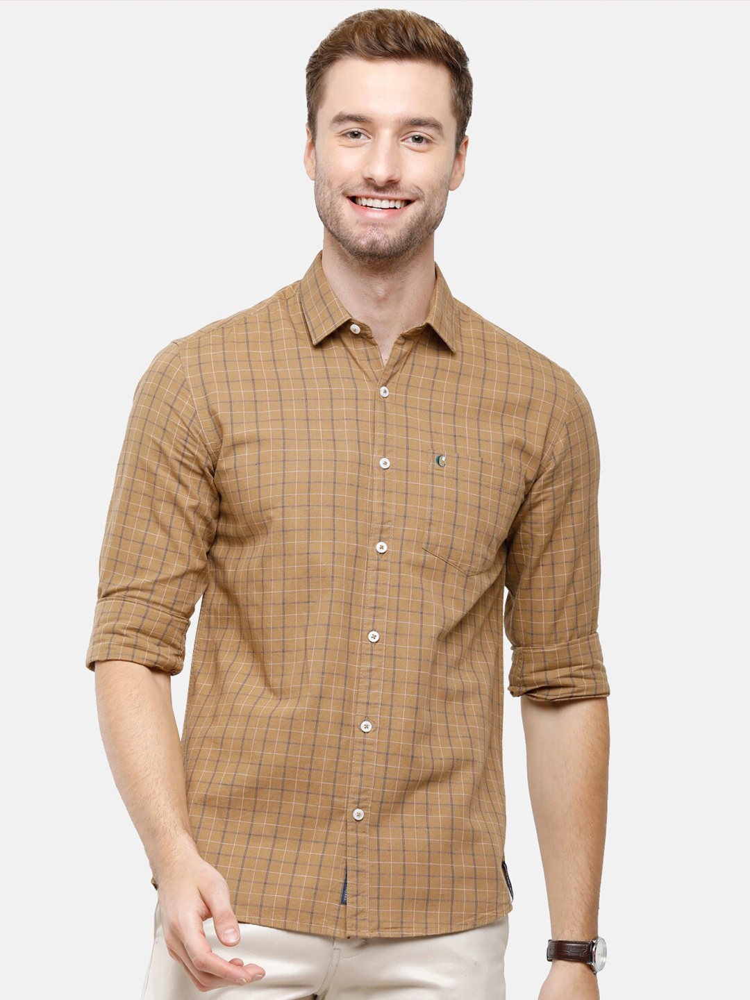CAVALLO by Linen Club Men Brown Linen Cotton Grid Tattersall Checks Checked Casual Shirt