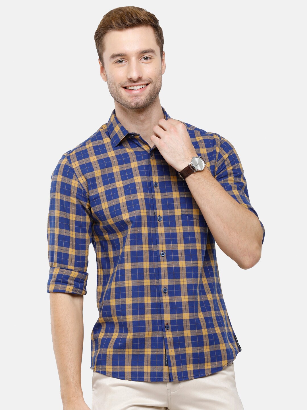 CAVALLO by Linen Club Men Blue Checked Regular Fit Casual Shirt