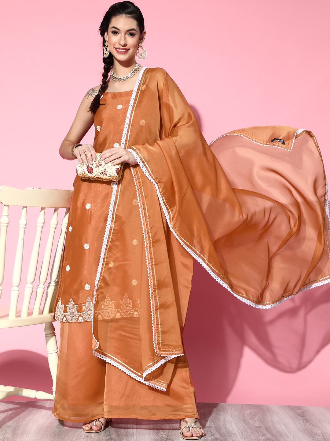 Inddus Women Rust-Orange Shibori Embroidered Thread Work Organza Kurta Palazzos & Dupatta
Inddus Women Rust-Orange Shibori Embroidered Thread Work Organza Kurta Palazzos & Dupatta