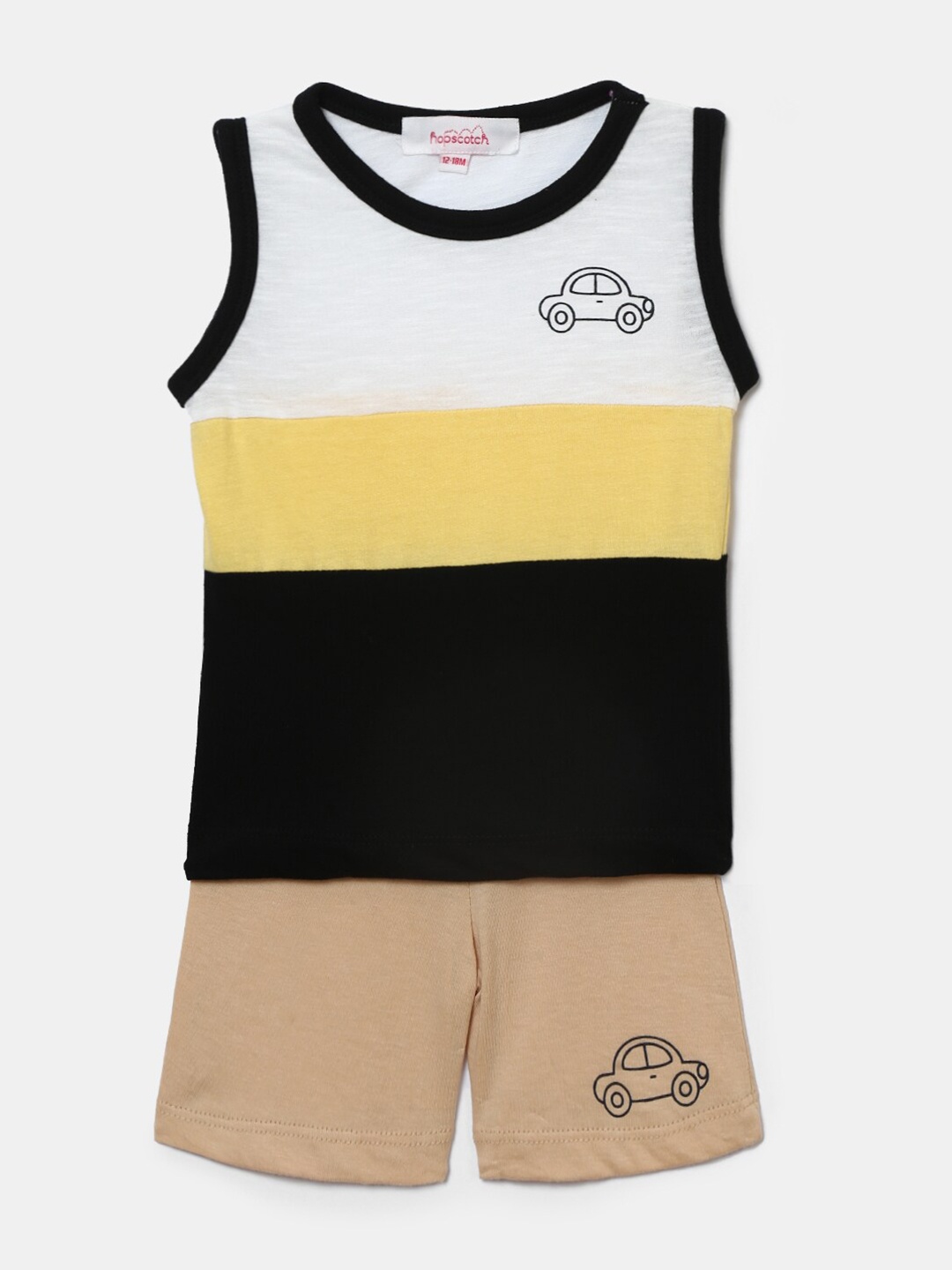 Hopscotch Boys White & Brown Colourblocked Top with Shorts