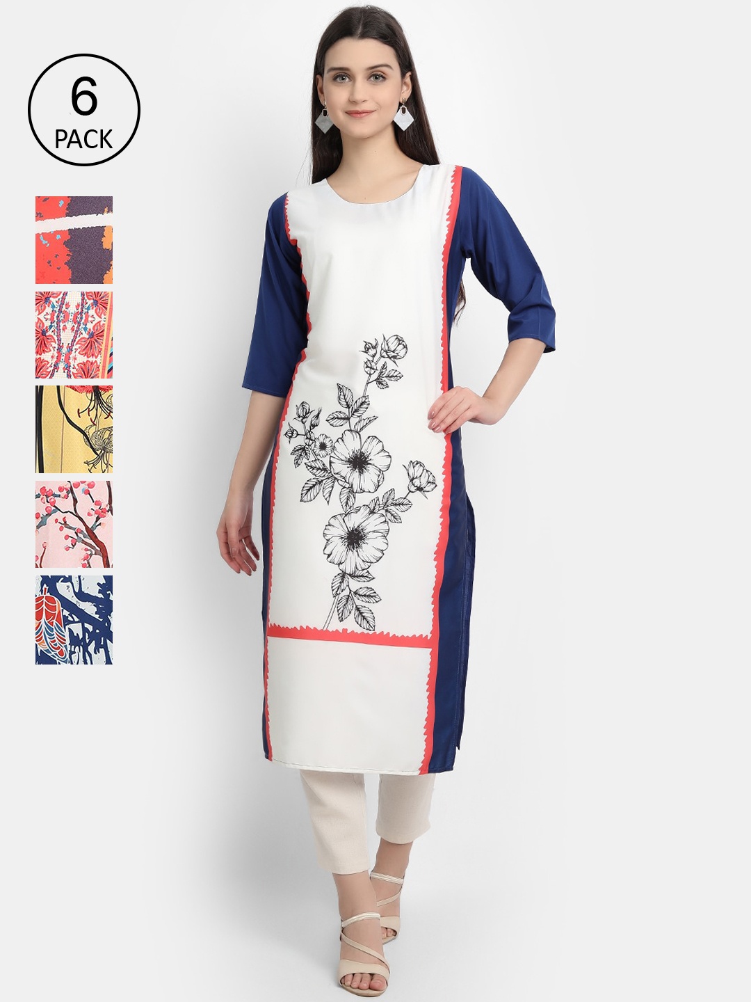 1 Stop Fashion Women Pack Of 6 Digital Printed Straight Kurta, White