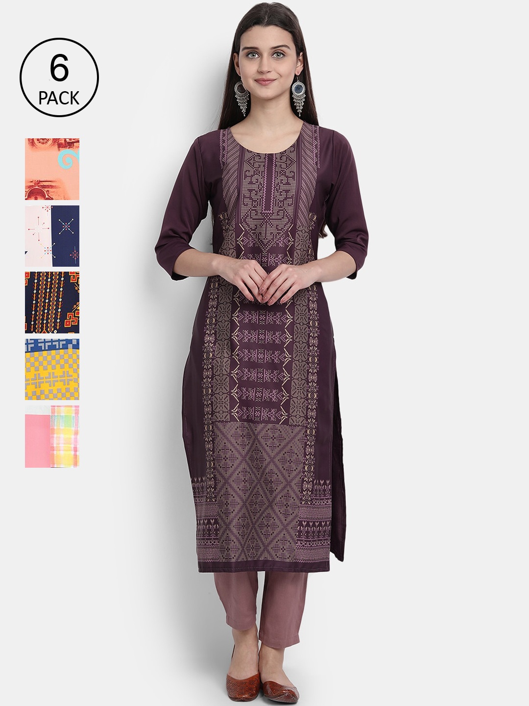 1 Stop Fashion Women Pack Of 6 Digital Printed Straight Kurta, Brown
