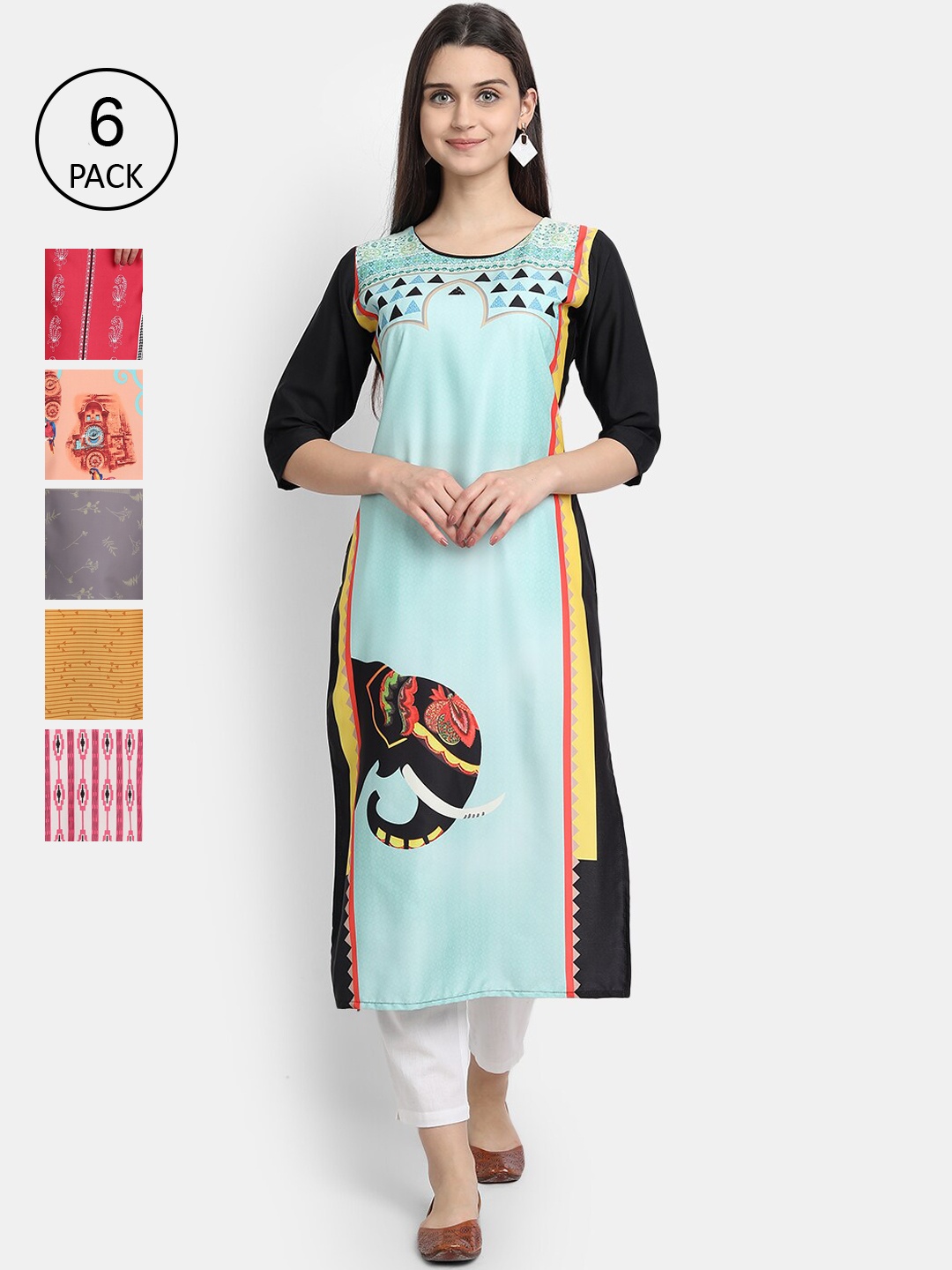 1 Stop Fashion Women Pack Of 6 Digital Printed Straight Kurta, Blue