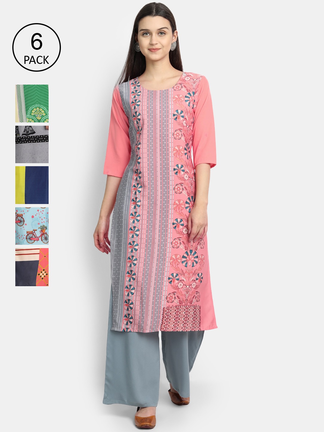 1 Stop Fashion Women Pack Of 6 Digital Printed Straight Kurtas, Multi