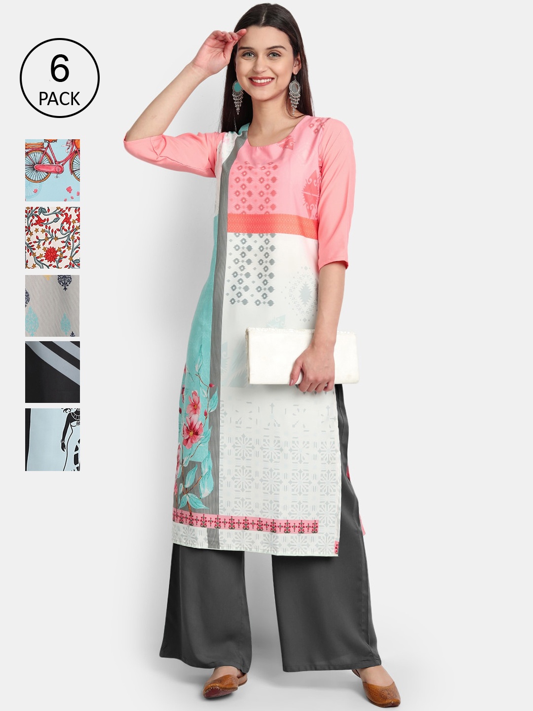1 Stop Fashion Women Pack Of 6 Digital Printed Straight Kurtas, Multi