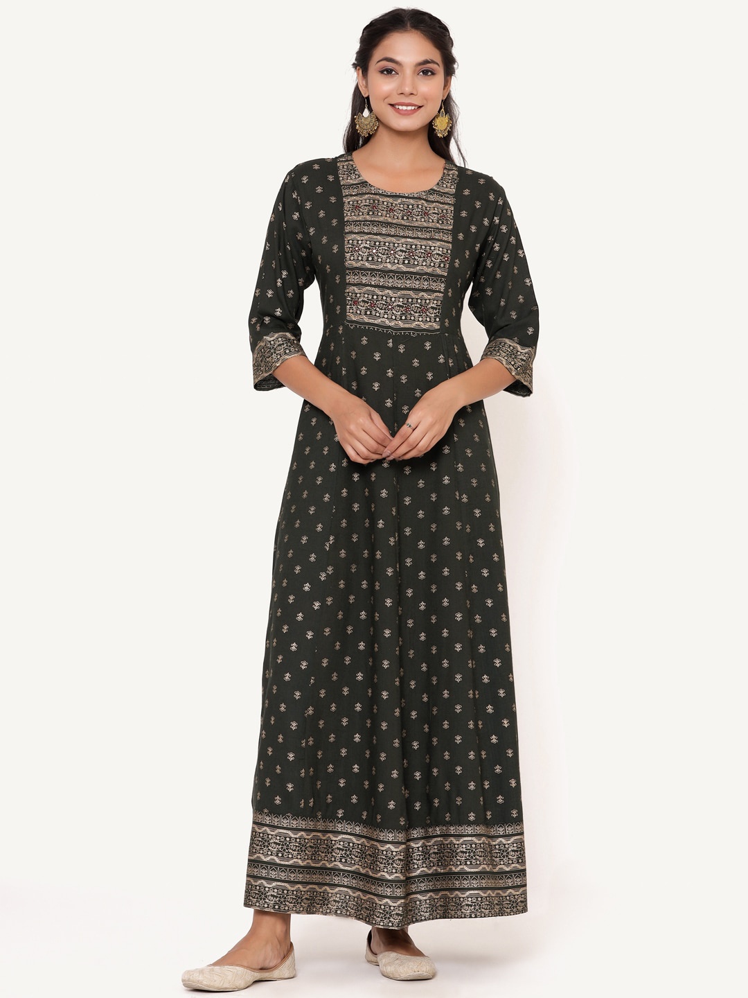 ANAISA Green Ethnic Motifs Beads & Stone Work Maxi Dress