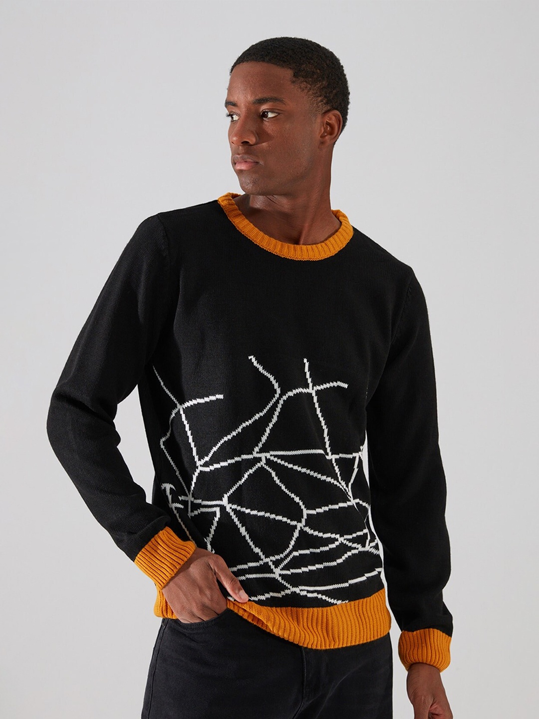 Trendyol Men Black & Orange Printed Pullover