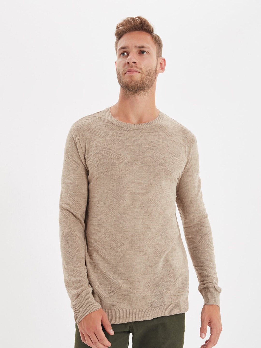 Trendyol Men Brown Geometric Self Design Pullover