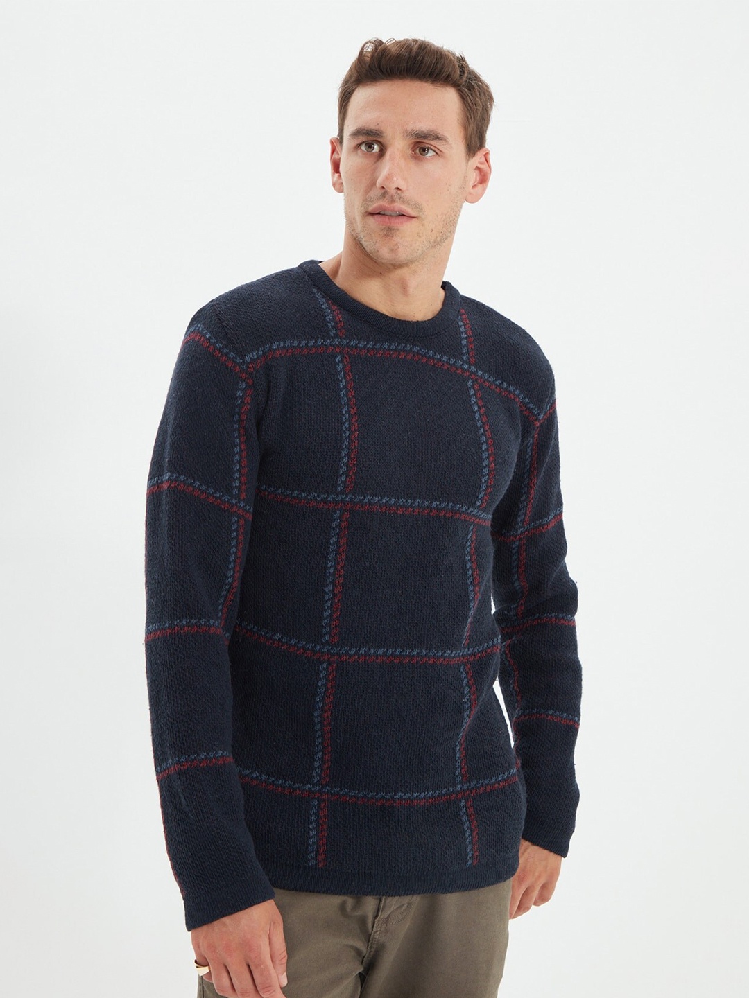 Trendyol Men Navy Blue & Red Checked Pullover