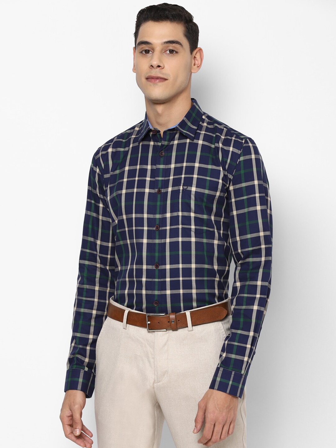 Allen Solly Men Navy Blue Slim Fit Checked Pure Cotton Casual Shirt