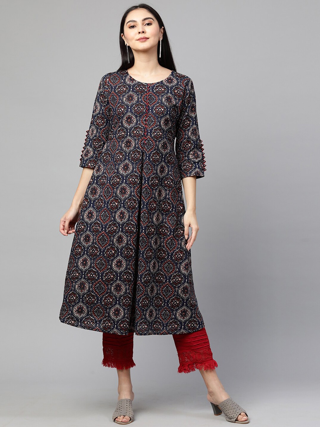 FASHOR Women Blue Ethnic Motifs Printed Round-Neck Kurta