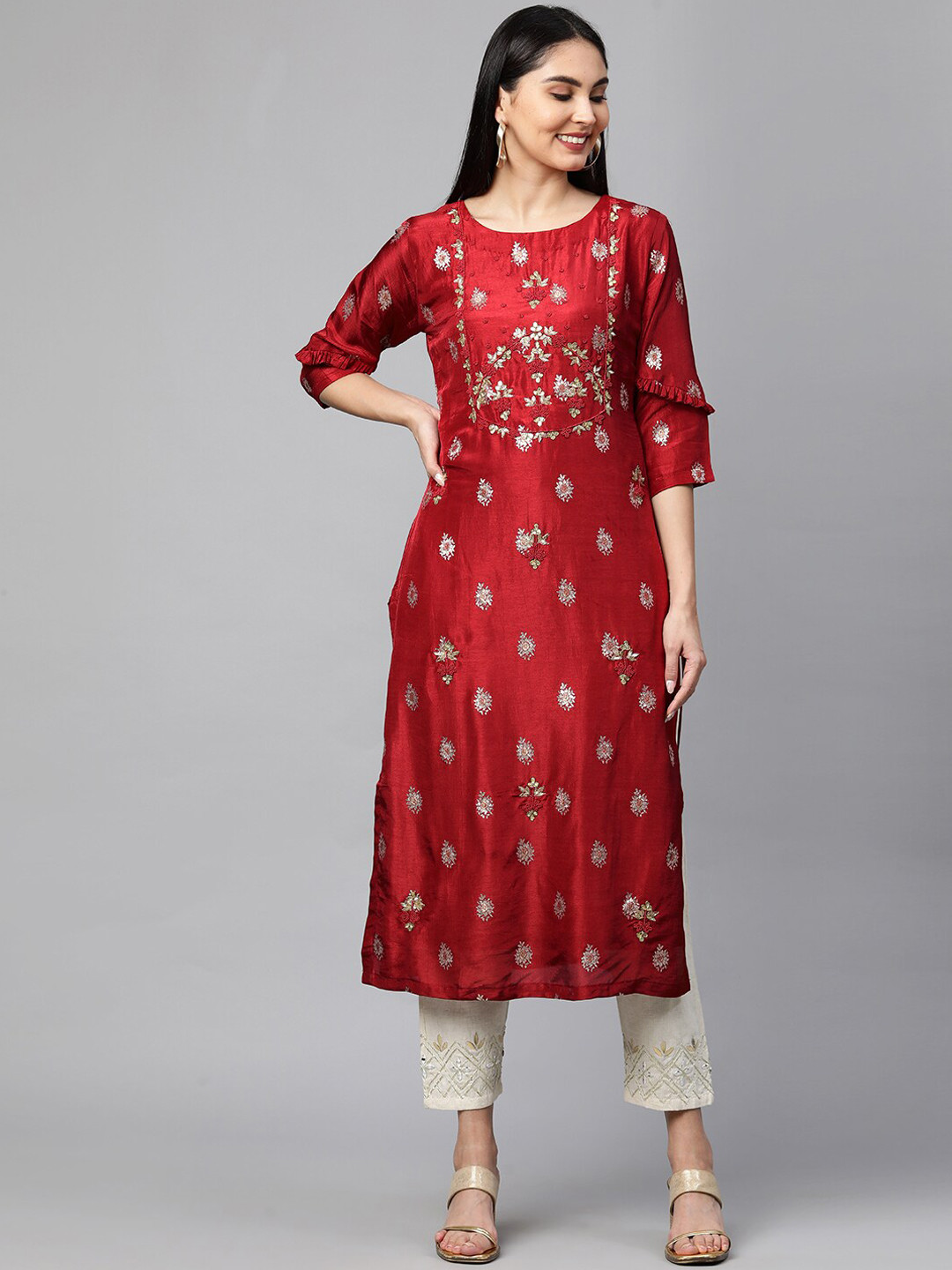 FASHOR Women Red Floral Printed Keyhole Neck Flared Sleeves Thread Work Jacquard Kurta
FASHOR Women Red Floral Printed Keyhole Neck Flared Sleeves Thread Work Jacquard Kurta