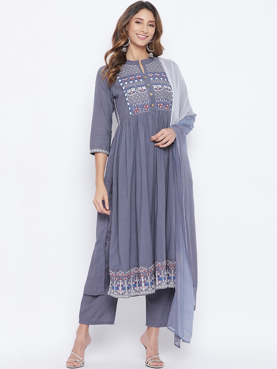 Prakhya Women Grey Floral Embroidered Pleated Pure Cotton Kurta with Palazzos & With Dupatta
Prakhya Women Grey Floral Embroidered Pleated Pure Cotton Kurta with Palazzos & With Dupatta