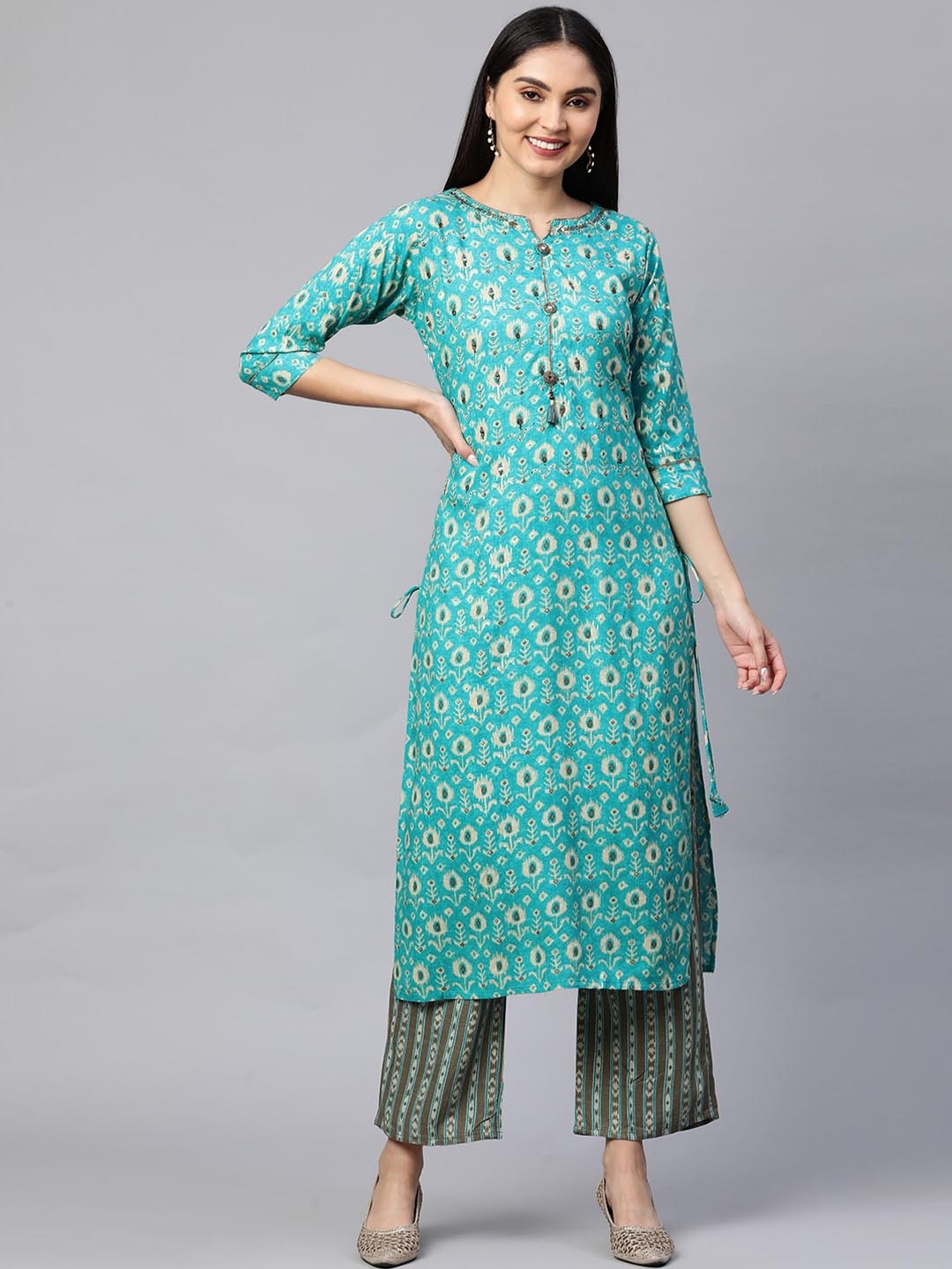 FASHOR Women Turquoise Blue Floral Printed Kurta with Palazzos