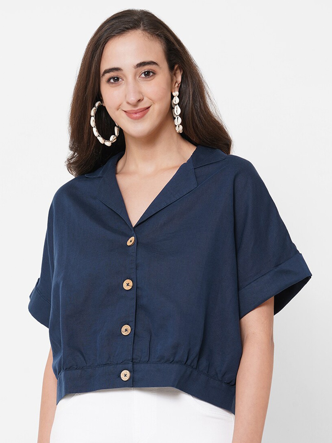 PAPA BRANDS Blue Solid V Neck Extended Sleeves Linen Top