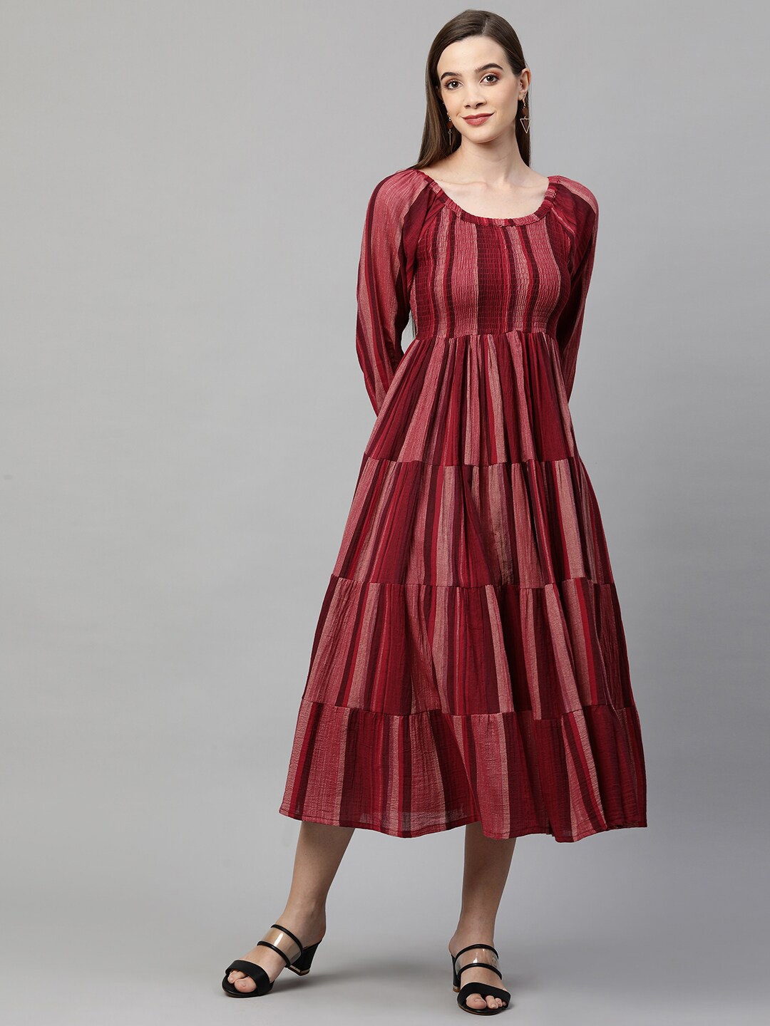 FASHOR Maroon Striped A-Line Midi Dress