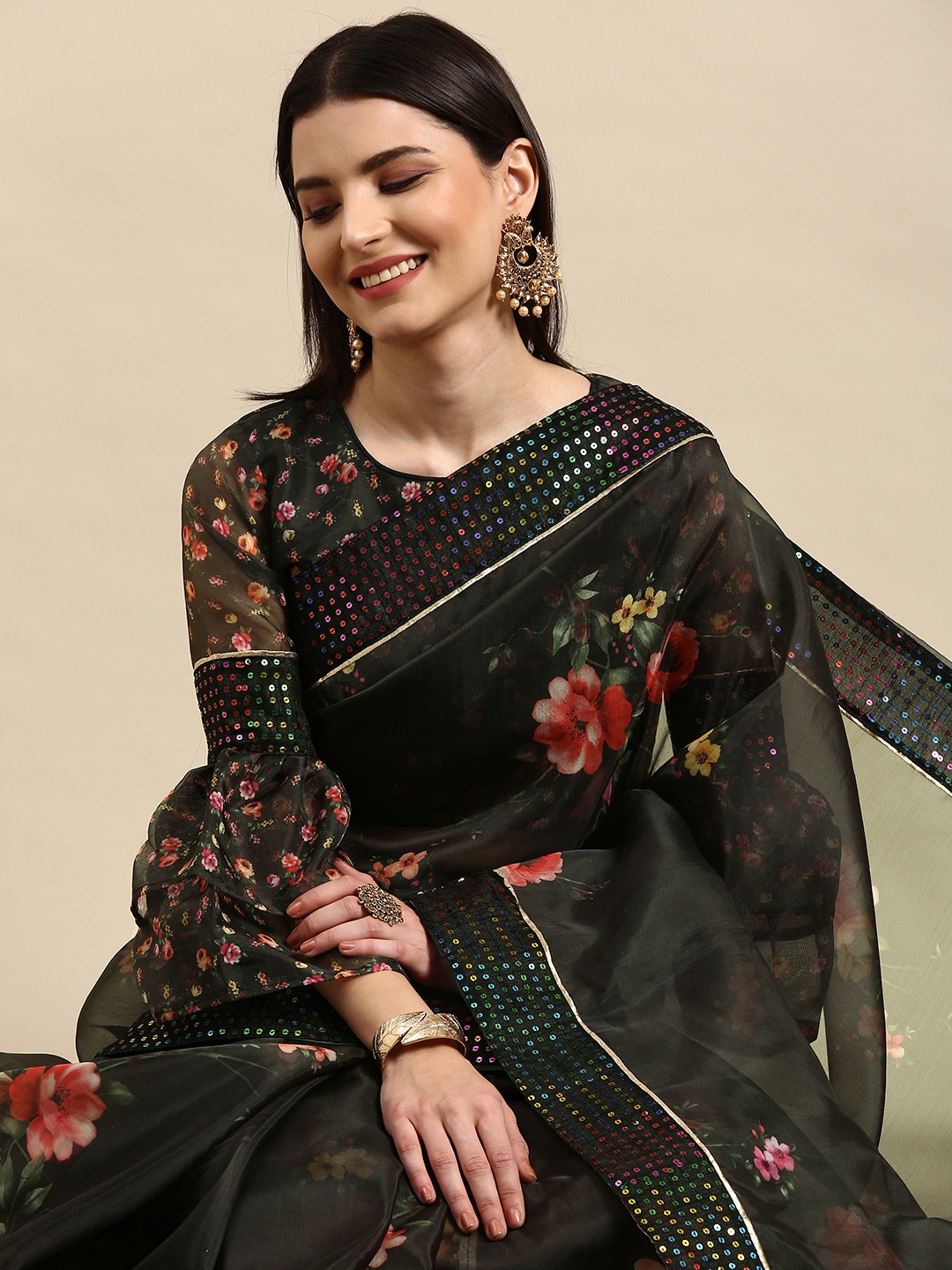 Anouk Black Floral Printed Sequinned Organza Saree