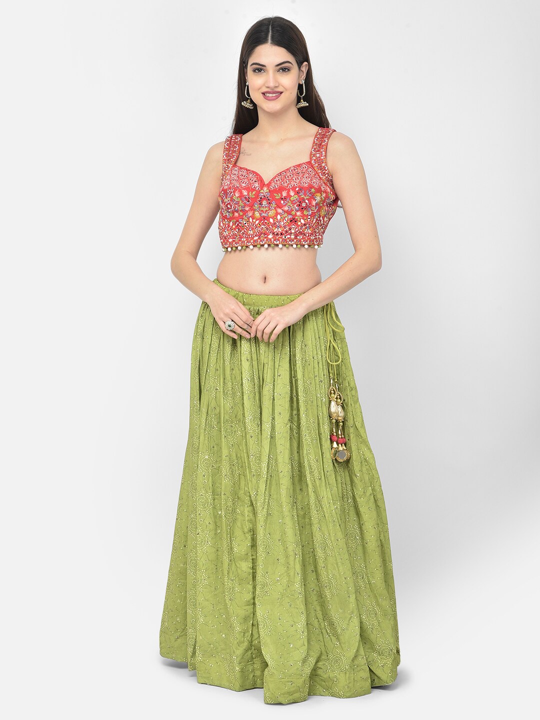 Neerus Green & Coral Embroidered Sequinned Ready to Wear Lehenga & Blouse With Dupatta
Neerus Green & Coral Embroidered Sequinned Ready to Wear Lehenga & Blouse With Dupatta