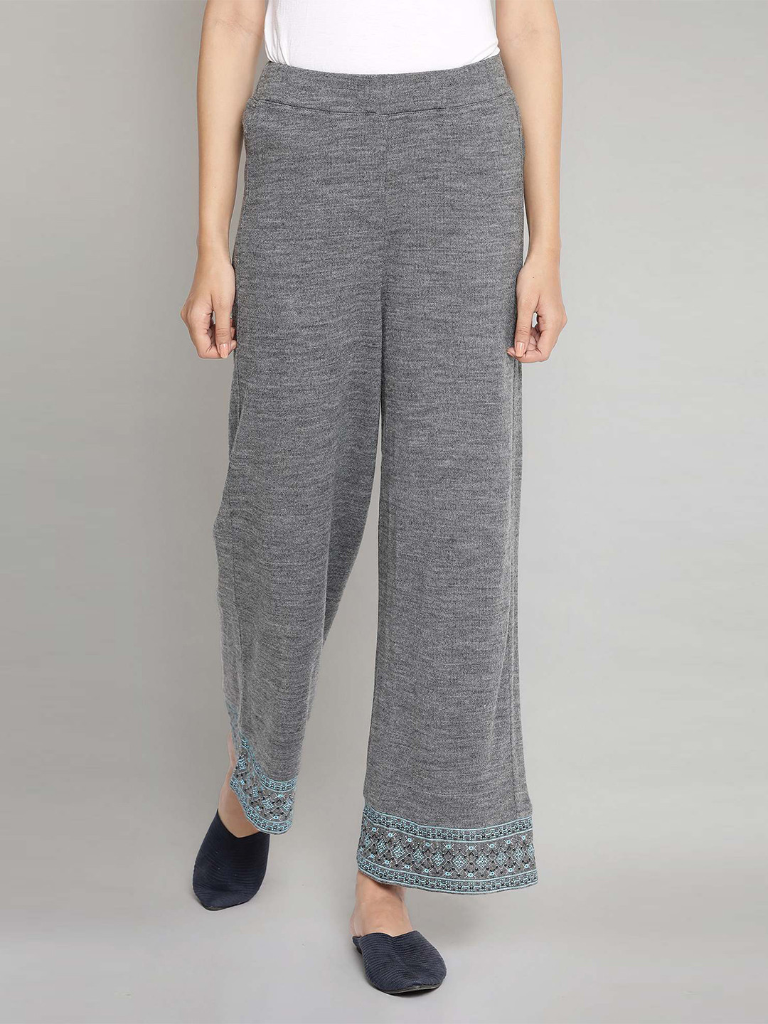 AURELIA Women Grey & Green Printed Straight Palazzos 
AURELIA Women Grey & Green Printed Straight Palazzos