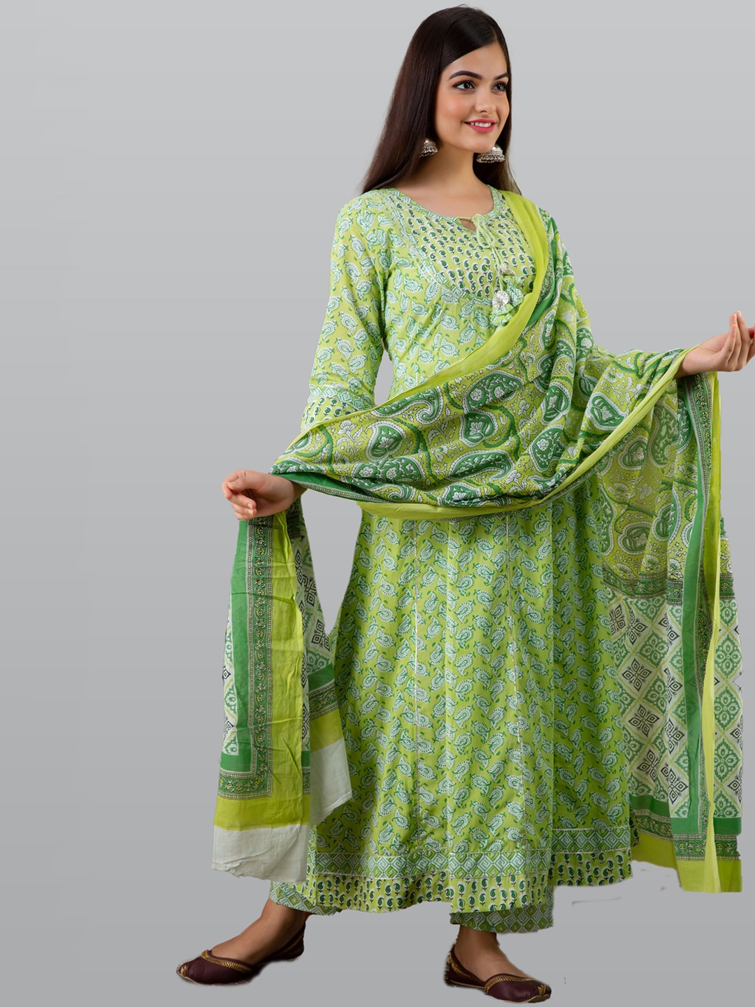 KALINI Women Green Paisley Printed Panelled Pure Cotton Kurta with Churidar & With Dupatta
KALINI Women Green Paisley Printed Panelled Pure Cotton Kurta with Churidar & With Dupatta