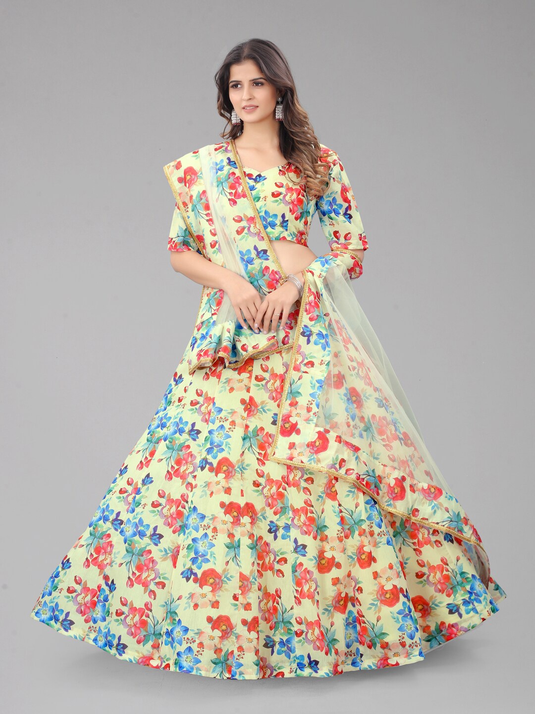 SHOPGARB Yellow & Blue Printed Semi-Stitched Lehenga & Unstitched Blouse With Dupatta