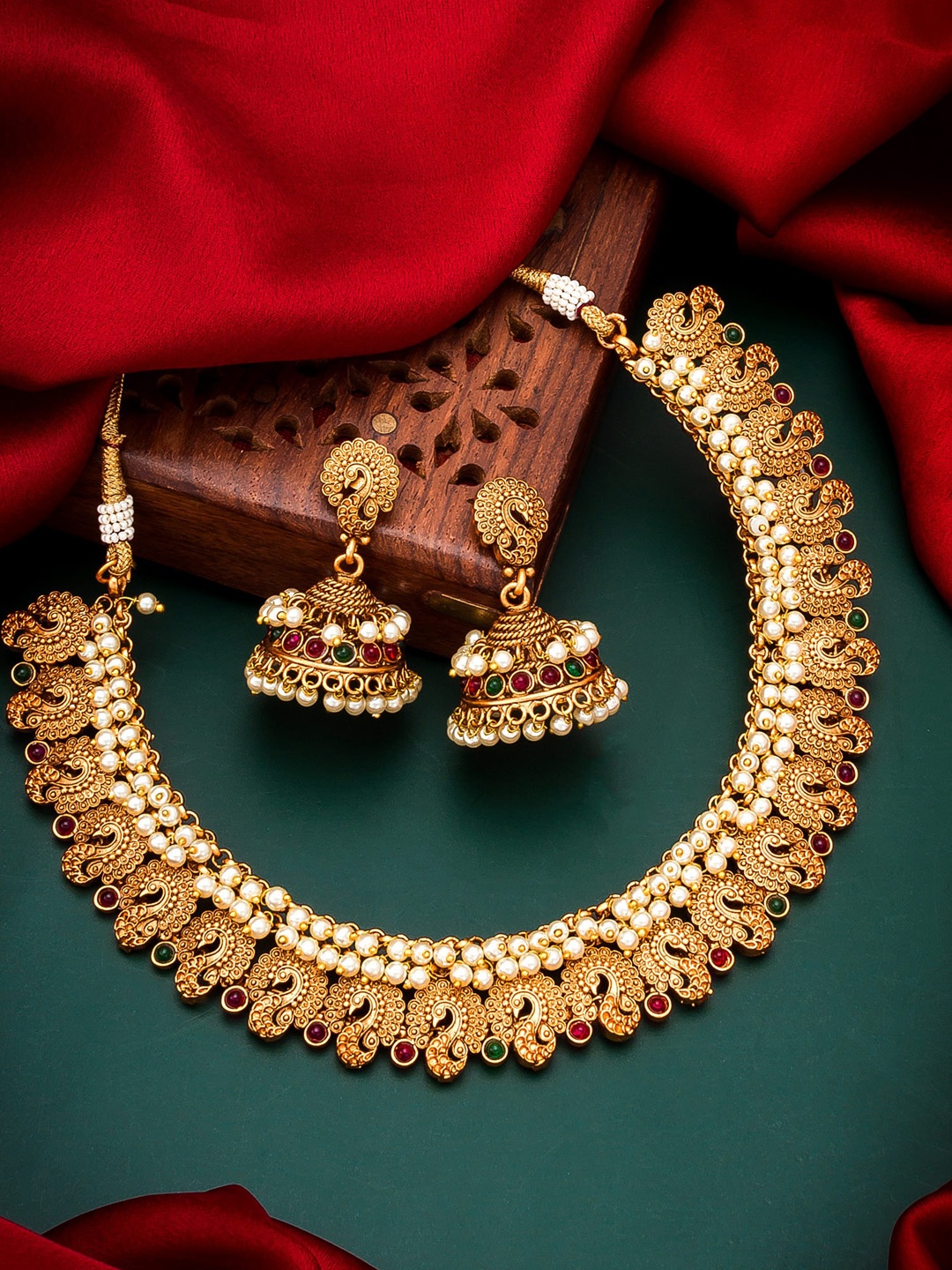 aadita Woman Gold Red & Green Pearl Bridal Temple Choker Jewellery Set