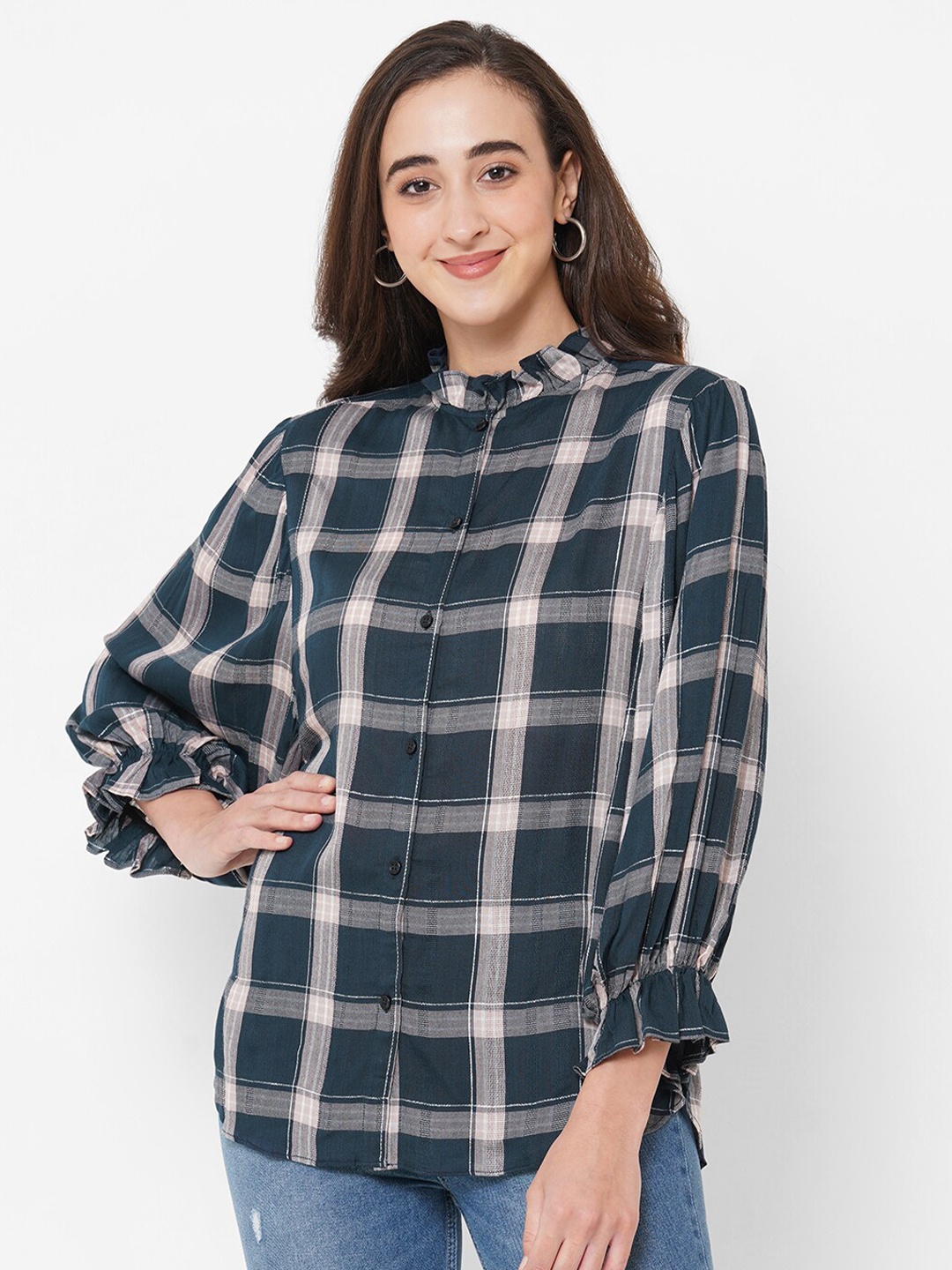 PAPA BRANDS Woman Blue Tartan Checked Casual Shirt