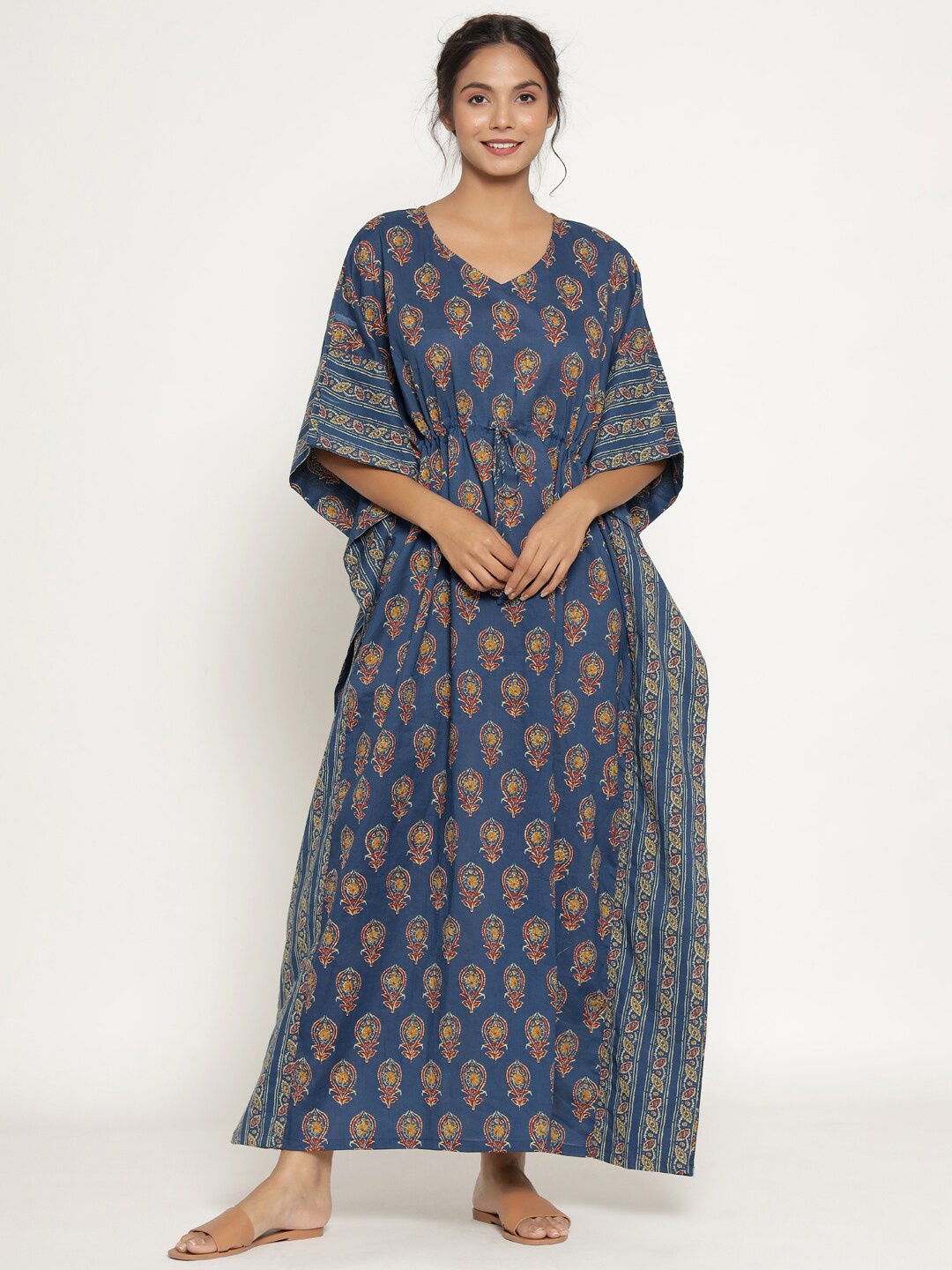 JISORA Blue Printed Pure Cotton Maxi Nightdress