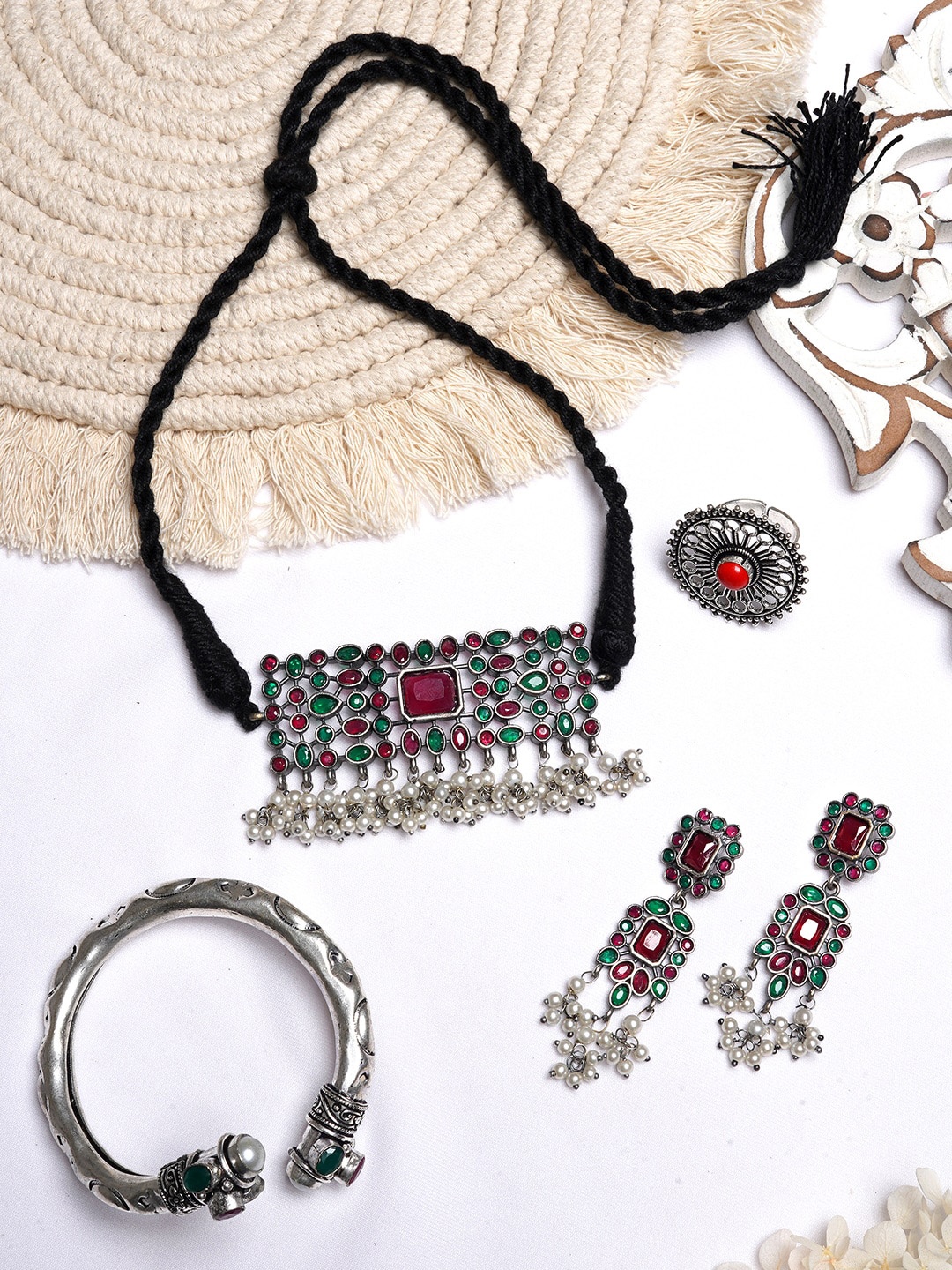 TEEJH Oxidised Silver-Toned & Red Stone-Studded Jewellery Set