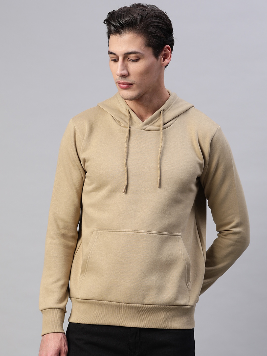 PICOT Men Khaki Solid Hooded Sweatshirt