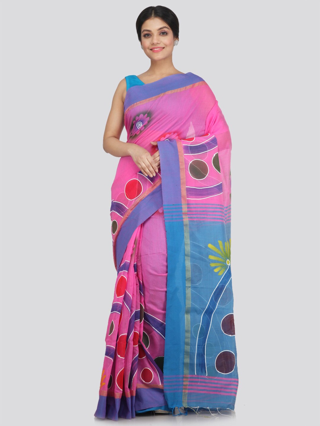 PinkLoom Pink & Blue Pure Cotton Saree