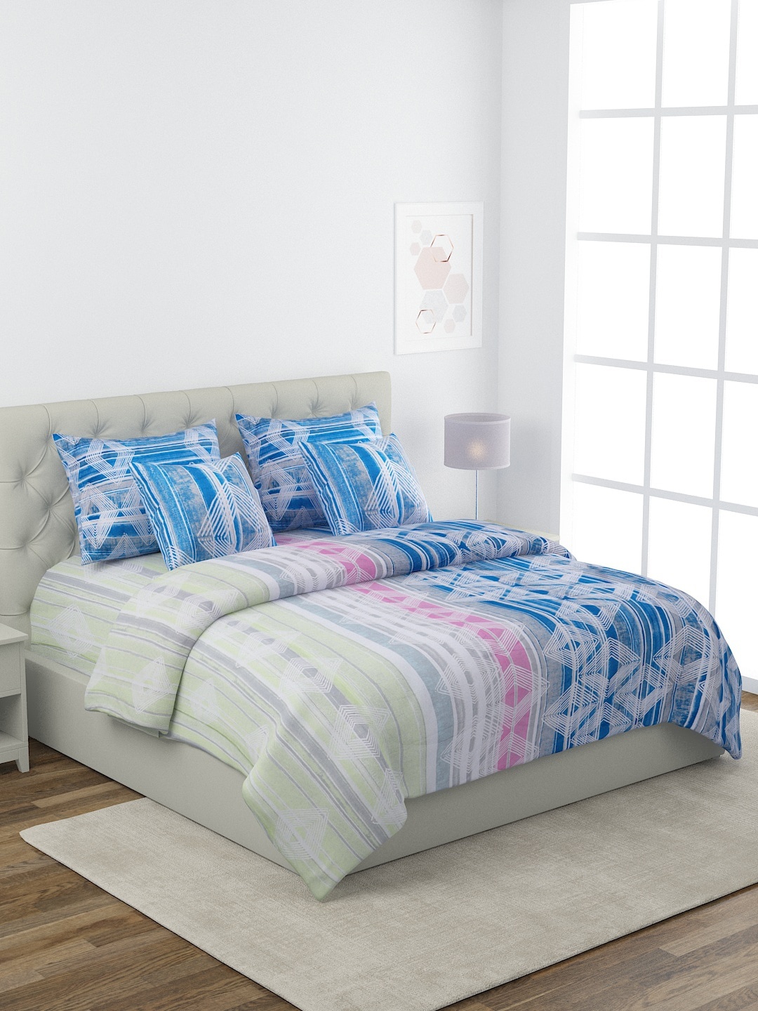 ROMEE Blue & White Geometric Printed & Multi Striped Double King Bedding Set & Comforter
ROMEE Blue & White Geometric Printed & Multi Striped Double King Bedding Set & Comforter