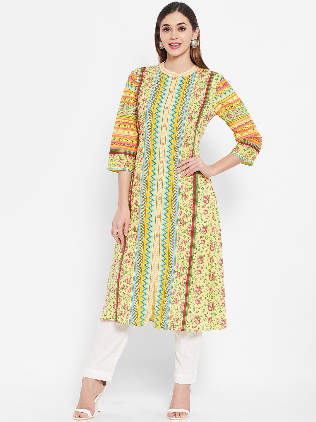 Ramas Women Yellow & Green Ethnic Motifs Printed Band Collar Pure Cotton A-Line Kurta
Ramas Women Yellow & Green Ethnic Motifs Printed Band Collar Pure Cotton A-Line Kurta