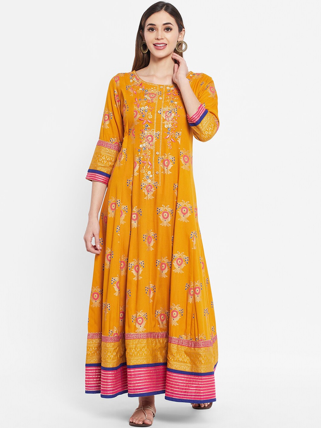 Ramas Women Mustard Yellow & Gold-Toned Ethnic Motifs Printed Thread Work Anarkali Kurta
Ramas Women Mustard Yellow & Gold-Toned Ethnic Motifs Printed Thread Work Anarkali Kurta